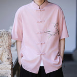 Buddha Stones Summer Tang Style Mandarin Collar Frog Button Bamboo Embroidery Men's Short Sleeve Shirts