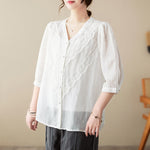 Buddha Stones Summer Solid V-Neck Lace-trimmed Women's Elbow-Length Sleeve Shirts
