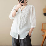 Buddha Stones Summer Solid V-Neck Lace-trimmed Women's Elbow-Length Sleeve Shirts