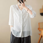Buddha Stones Summer Solid V-Neck Lace-trimmed Women's Elbow-Length Sleeve Shirts