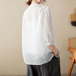Buddha Stones Summer Solid V-Neck Lace-trimmed Women's Elbow-Length Sleeve Shirts