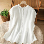 Buddha Stones Summer Casual Ruffled Collar Back Button-up Solid Women's Sleeveless Shirts
