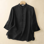 Buddha Stones Summer Solid Mandarin Collar Women's Three-Quarter Sleeve Shirts