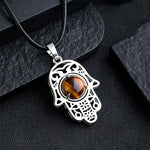 Buddha Stones Natural Black Obsidian Hamsa Palm Inlay Crystal Strength Necklace