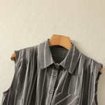 Buddha Stones Summer Vintage Button-Up Striped Women's Sleeveless Shirts With Patch Pocket