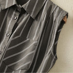 Buddha Stones Summer Vintage Button-Up Striped Women's Sleeveless Shirts With Patch Pocket