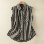 Buddha Stones Summer Vintage Button-Up Striped Women's Sleeveless Shirts With Patch Pocket