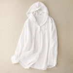 Buddha Stones Summer Casual Drawstring Solid Hooded Women's Long Sleeve Shirts