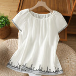 Buddha Stones Summer Boho Embroidery Floral Women's Short Sleeve T-Shirts