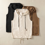 Buddha Stones Summer Casual Drawstring Solid Zipper Design Women's Sleeveless Hooded Shirts With Pockets