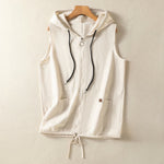 Buddha Stones Summer Casual Drawstring Solid Zipper Design Women's Sleeveless Hooded Shirts With Pockets