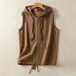 Buddha Stones Summer Casual Drawstring Solid Zipper Design Women's Sleeveless Hooded Shirts With Pockets