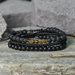 Buddha Stones 3Pcs Lava Rock Black Onyx Frosted Stone Bead Healing Bracelet