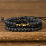 Buddha Stones 3Pcs Lava Rock Black Onyx Frosted Stone Bead Healing Bracelet