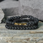 Buddha Stones 3Pcs Lava Rock Black Onyx Frosted Stone Bead Healing Bracelet