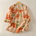 Buddha Stones Summer Tang Style Floral V-Neck Women's Short Sleeve Shirts