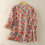 Buddha Stones Summer Tang Style Floral V-Neck Women's Short Sleeve Shirts