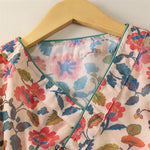 Buddha Stones Summer Tang Style Floral V-Neck Women's Short Sleeve Shirts