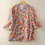 Buddha Stones Summer Tang Style Floral V-Neck Women's Short Sleeve Shirts