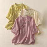 Buddha Stones Summer Tang Style Embroidery Flowers Mandarin Collar Solid Women's Short Sleeve Shirt
