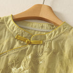 Buddha Stones Summer Tang Style Embroidery Flowers Mandarin Collar Solid Women's Short Sleeve Shirt