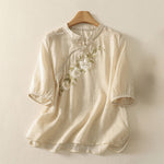 Buddha Stones Summer Tang Style Embroidery Flowers Mandarin Collar Solid Women's Short Sleeve Shirt