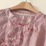 Buddha Stones Summer Tang Style Embroidery Flowers Mandarin Collar Solid Women's Short Sleeve Shirt
