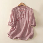 Buddha Stones Summer Tang Style Embroidery Flowers Mandarin Collar Solid Women's Short Sleeve Shirt
