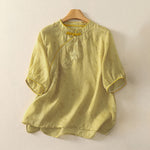 Buddha Stones Summer Tang Style Embroidery Flowers Mandarin Collar Solid Women's Short Sleeve Shirt