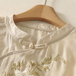Buddha Stones Summer Tang Style Embroidery Flowers Mandarin Collar Solid Women's Short Sleeve Shirt