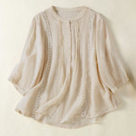 Buddha Stones Summer Vintage Button-Up Solid Women's Elbow-Length Sleeve Shirts