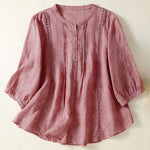Buddha Stones Summer Vintage Button-Up Solid Women's Elbow-Length Sleeve Shirts