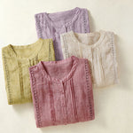 Buddha Stones Summer Vintage Button-Up Solid Women's Elbow-Length Sleeve Shirts