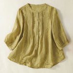 Buddha Stones Summer Vintage Button-Up Solid Women's Elbow-Length Sleeve Shirts