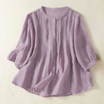 Buddha Stones Summer Vintage Button-Up Solid Women's Elbow-Length Sleeve Shirts