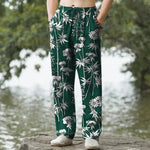 Buddha Stones Cotton Bamboo Leaf Floral Pattern Men's Tapered Pants With Pockets