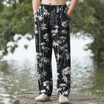 Buddha Stones Cotton Bamboo Leaf Floral Pattern Men's Tapered Pants With Pockets