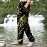 Buddha Stones Cotton Golden Dragon Auspicious Clouds Pattern Men's Tapered Pants With Pockets