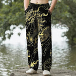 Buddha Stones Cotton Golden Dragon Auspicious Clouds Pattern Men's Tapered Pants With Pockets