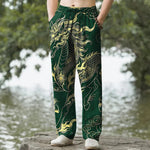 Buddha Stones Cotton Golden Dragon Auspicious Clouds Pattern Men's Tapered Pants With Pockets