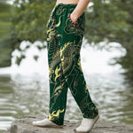 Buddha Stones Cotton Golden Dragon Auspicious Clouds Pattern Men's Tapered Pants With Pockets