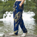 Buddha Stones Cotton Golden Dragon Auspicious Clouds Pattern Men's Tapered Pants With Pockets
