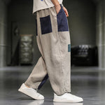 Buddha Stones Spring Casual Color Block Cotton Linen Cropped Men's Harem Pants With Pockets