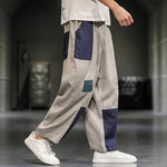 Buddha Stones Spring Casual Color Block Cotton Linen Cropped Men's Harem Pants With Pockets