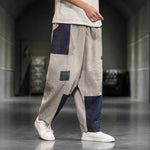 Buddha Stones Spring Casual Color Block Cotton Linen Cropped Men's Harem Pants With Pockets
