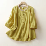 Buddha Stones Summer Casual Button Up Solid Ruffled Collar Cotton Women's Short Sleeve Shirt
