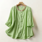 Buddha Stones Summer Casual Button Up Solid Ruffled Collar Cotton Women's Short Sleeve Shirt