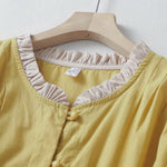 Buddha Stones Summer Casual Button Up Solid Ruffled Collar Cotton Women's Short Sleeve Shirt