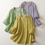 Buddha Stones Summer Casual Button Up Solid Ruffled Collar Cotton Women's Short Sleeve Shirt
