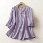 Buddha Stones Summer Casual Button Up Solid Ruffled Collar Cotton Women's Short Sleeve Shirt